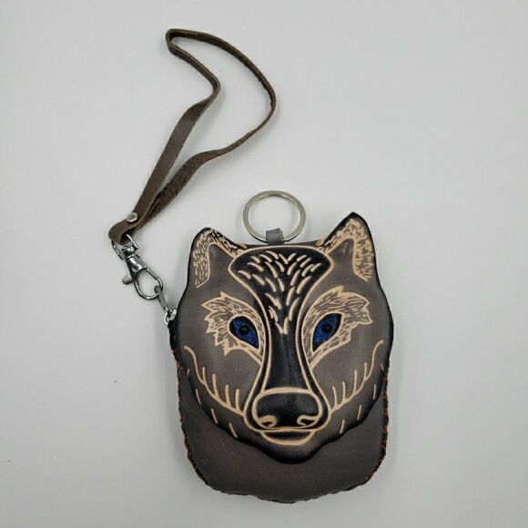 Handmade Leather Gray Wolf Wristlet Wallet Blue Eyes Animal Coin Pouch Cub Scout - Picture 5 of 11